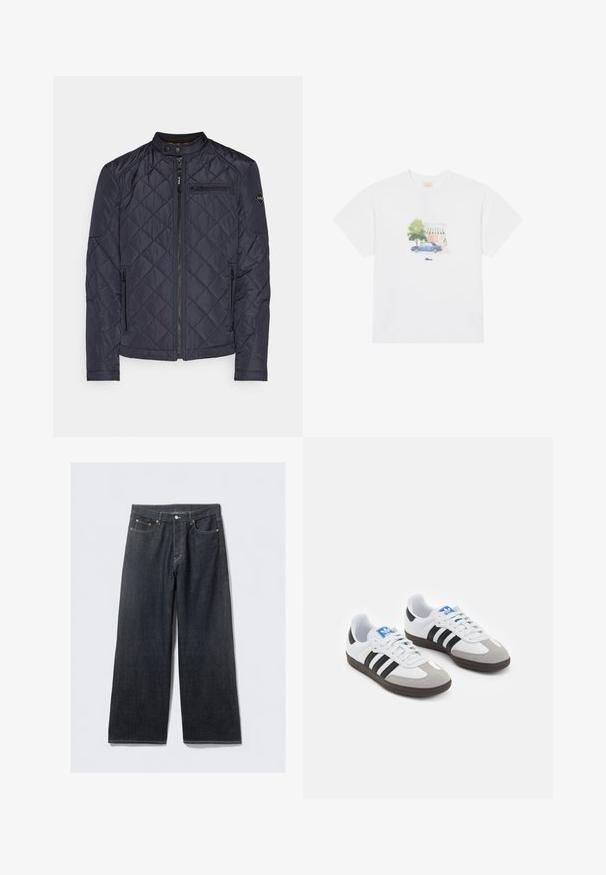 Navy quiltet jakke med ståkrave, lynlås foran og sidelommer. Har skrå stikninger og et logo på ærmet.; Hvid bomulds t-shirt med et trykt design af en blå bil og et træ i bløde farver, centreret foran over brandnavnet.; Mørke denim brede bukser med høj talje, med kobberfarvede nitter og kontrastsyning, glat tekstur og uden synlige mønstre.; Sportsko med en overdel i hvid læder, grå ruskind på tåen og tre sorte striber. Har et blåt logo på tungen og en struktureret gummisål.