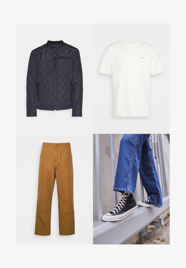 Navy quilted jacket with a stand collar, zippered front, and side pockets. Features diagonal stitching and a logo on the sleeve.; White cotton t-shirt with crew neckline, short sleeves, and a small black "W.W." logo on the left chest. Smooth texture, regular fit.; Brown cotton utility pants with a straight leg design, featuring front pockets and metal hardware accents for added durability.; Black high-top sneakers with white sole and laces, paired with loose blue denim jeans, resting on a gray railing.