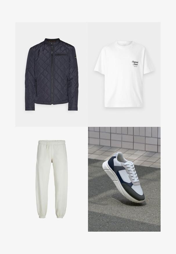 Marinblå kviltad jacka med ståkrage, dragkedja fram och sidofickor. Har diagonala sömmar och en logotyp på ärmen.; Vit bomullströja med rund halsringning, korta ärmar och en svart tryckt logotyp på vänster bröst, med en vintage stil på texten.; Vita sweatpants gjorda av mjukt tyg, med elastisk midja och muddar, samt en slät textur och lös passform.; Vit, marinblå och grå sneaker med en blandad materialdesign, som har ett texturerat ovandel, platta snören och en vadderad sula.
