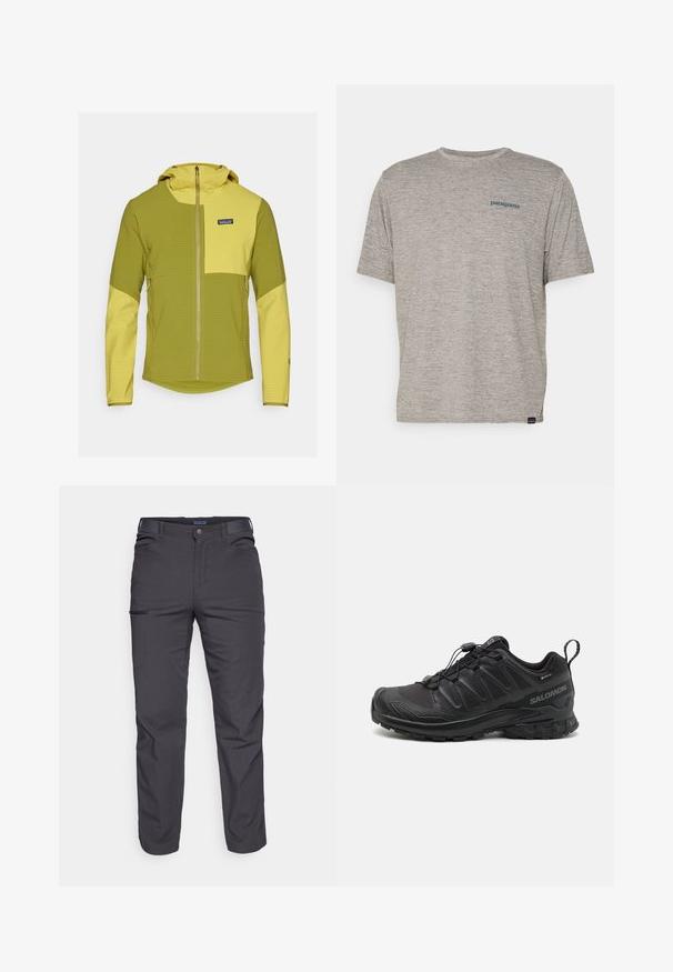 Φόρμα με κουκούλα που διαθέτει συνδυασμό από ελαιόμαυρο και ανοιχτό κίτρινο πάνελ, με πλήρη φερμουάρ και υλικό με υφή. Λογότυπο Patagonia στο στήθος.; Γκρι κοντομάνικο T-shirt φτιαγμένο από μαλακό, υφασματοποιημένο υλικό με μικρό μπλε λογότυπο Patagonia στο αριστερό στήθος. Χωρίς επιπλέον μοτίβα.; Σκούρες γκρι παν trousers από ανθεκτικό ύφασμα, με τσέπη με φερμουάρ, ευθεία γραμμή και θηλιές για ζώνη για ρυθμιζόμενη εφαρμογή.; Μαύρο αθλητικό παπούτσι με υφασμάτινη εξωτερική επιφάνεια, μαλακή σόλα και σύστημα γρήγορης δέσης. Έχει ενισχυμένη μύτη και φτέρνα.