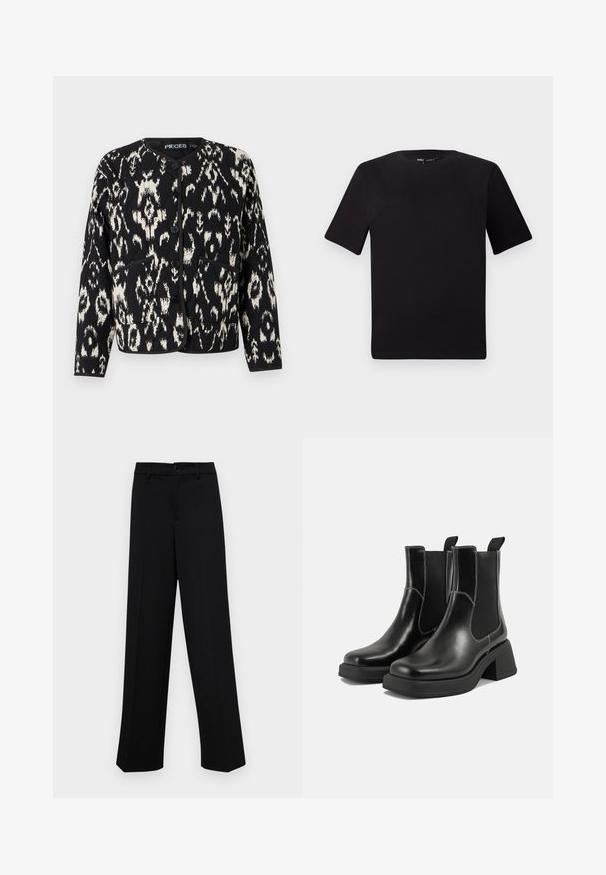 Melnā un krēma krāsā ar rakstu veidota jaka ar apaļu apkakli, garām piedurknēm, pogu aizdari un divām priekšējām kabatām. Mīksta teksturēta auduma.; Melnas īsām piedurknēm T-krekls ar apaļu kakla izgriezumu, izgatavots no mīksta kokvilnas auduma. Vienkāršs dizains, bez redzamām logo vai rakstiem.; Melnas platajās bikses, kas izgatavotas no gludas auduma, ar klasisku jostu un pogu aizdari, kā arī priekšējām kroku detalizācijām.; Melni ādas Čelsijas zābaki ar masīvu papēdi, elastīgām sānu panelēm un kontrastējošu balto šuvumu. Teksturēts apdare.