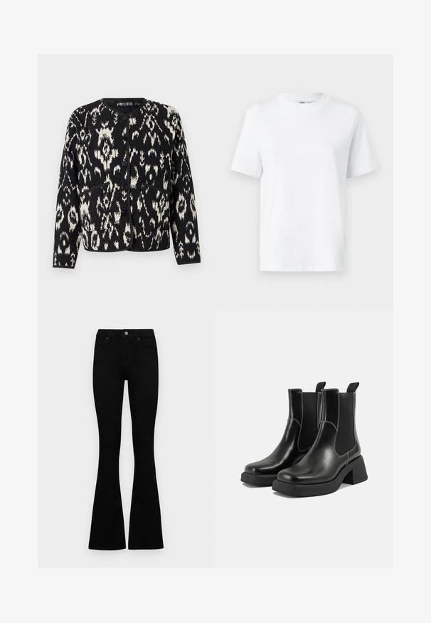 Black and cream patterned jacket with a round neckline, long sleeves, button closure, and two front pockets. Soft textured fabric.; White cotton crew-neck t-shirt featuring short sleeves and a smooth texture. Designed with a relaxed fit for comfort and versatility.; Black high-waist jeans with a button and zip closure, front pockets, and flared legs laid flat on a white background.; Black leather Chelsea boots with a chunky heel, elastic side panels, and contrasting white stitching. Textured finish.