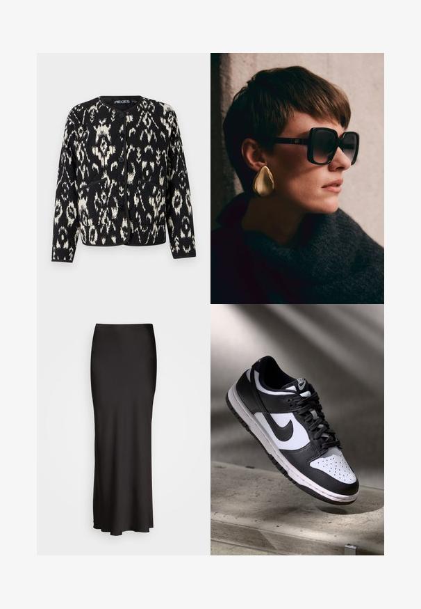 Svart och krämfärgad mönstrad jacka med rund halsringning, långa ärmar, knäppning fram och två framfickor. Mjuk texturerad tyg.; Svart ribbad linne med rund halsringning och broderad logotyp i vitt. Tyg med en mjuk textur och en åtsittande passform.; Svart, golvlång satinkjol med en slät textur, figurnära midja och A-linjeformad silhuett, utan synliga dekorationer eller mönster.; Svart och vit Nike Dunk Low sneaker med ovandel i läder, perforerad tånbox och svarta snören, med en vit sula och logotypdetaljer.; Svarta överdimensionerade solglasögon med mörka linser och guld detaljer, tillsammans med ett stort, glänsande guld tårörhänge. Mörk texturerad halsduk.; Svart, vadderad handväska med en guldkedjesnor, som har en distinkt guldkrok och en liten tagg, med en texturerad läderyta.