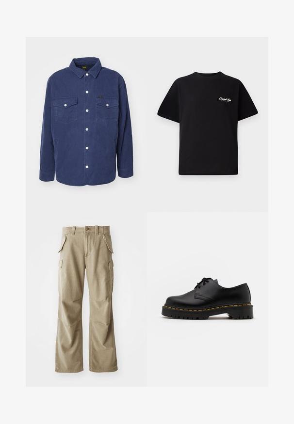 Jachetă de camuflaj cu quilt navy, cu două buzunare pe piept, nasturi cu capsenă și guler standard. Prezintă un model texturat și o croială relaxată.; Tricou din bumbac negru, cu guler rotund, mâneci scurte și un mic text alb cu logo pe partea stângă a pieptului. Design simplu, croială clasică.; Pantaloni cargo bej dintr-un material durabil, cu o croială confortabilă, mai multe buzunare laterale și genunchi întăriți. Design cu față plată.; Pantof black din piele, cu sireturi, cu vârf rotund, talpă din cauciuc texturat și cusături galbene în jurul bazei. Design plat și finisaj neted.