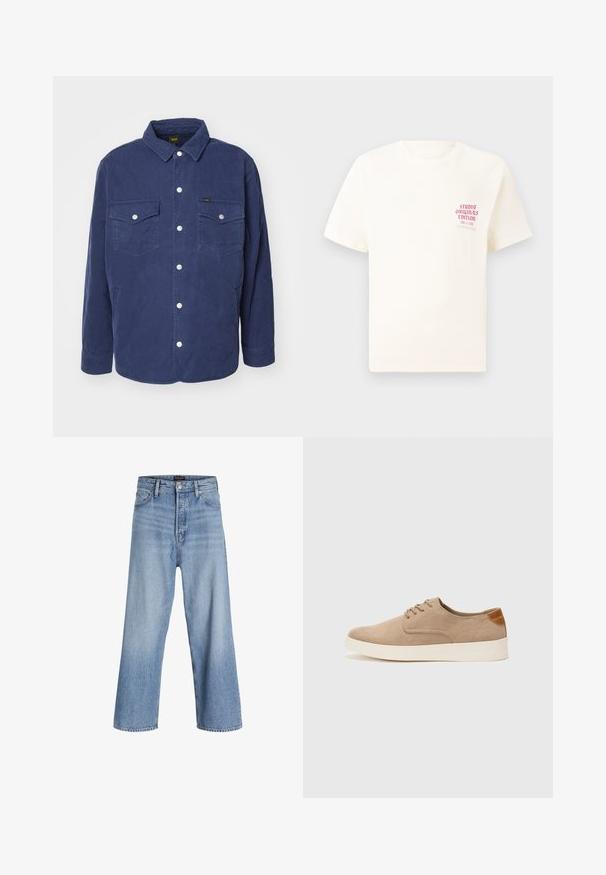 Navy quilted shirt jacket with two chest pockets, snap buttons, and a standard collar. Features a textured pattern and relaxed fit.; White short-sleeve T-shirt with red text "Studio Originals Edition" on left chest, displayed on a neutral gray background.; Light blue denim wide-leg jeans with a high waist, featuring a button fly, five-pocket design, and subtle fading. Clean hem finishes.; Beige suede sneakers with a rounded toe, lace-up front, and a textured back accent. White rubber sole provides contrast. Simple and modern design.