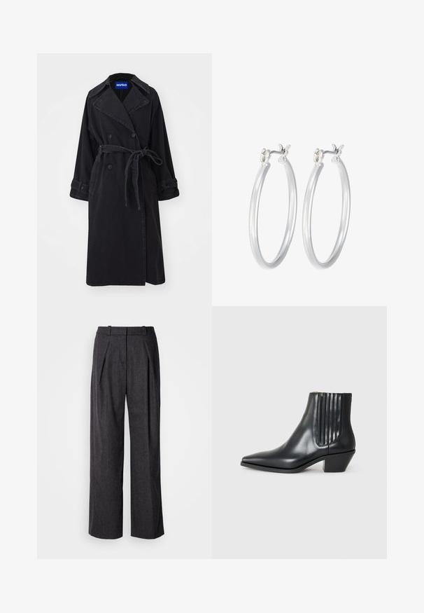 Čierny trenčkot s dvojradovým dizajnom, širokým golierom a opaskom. Vyrobený z textúrovanej tkaniny, obsahuje gombíkové zapínanie a vyhrnuté rukávy.; Sivá košeľa na gombíky z textúrovanej tkaniny s mriežkovým vzorom v svetlejších odtieňoch, s golierom a dvoma náprsními vreckami.; Tmavošedé široké nohavice s textúrovanou tkaninou, s prednými záhybmi a klasickým dizajnom pásu. Žiadne viditeľné vrecká.; Čierna kožená členková topánka s špicatou špičkou, elastickými bočnými panelmi s vertikálnymi drážkami a nízkym blokovým podpätkom. Hladká textura a elegantný dizajn.; Strieborné kruhové náušnice s hladkým, lesklým povrchom. Kolový tvar a bezpečné klikanie na uzatváranie. Ľahký dizajn vhodný na každodenné nosenie.