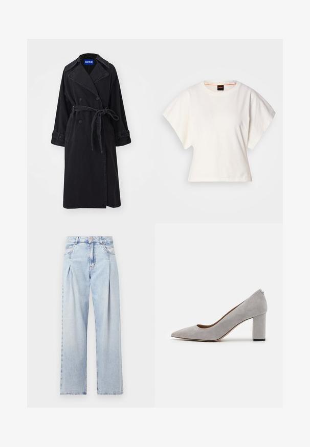 Fekete trench coat, dupla gombolású dizájnnal, széles gallérral és övvel. Texturált anyagból készült, gombos záródással és felgöngyölt ujjakkal rendelkezik.; Fehér, rövid, bő ujjú, crop szabású póló, puha pamut anyagból, kerek nyakkivágással, finom narancssárga díszítéssel, minimalista dizájn, minta vagy grafika nélkül.; Világoskék farmernadrág magas derekú, bő szabású, két oldalsó zsebbel és pliszírozott dizájnnal. Puha tapintású, elhalványított felület.; Szürke velúr magassarkú cipő hegyes orral és vastag sarkal. Simaságot kölcsönöz az anyaga, és diszkrét sarokdísze van a stabilitás érdekében.