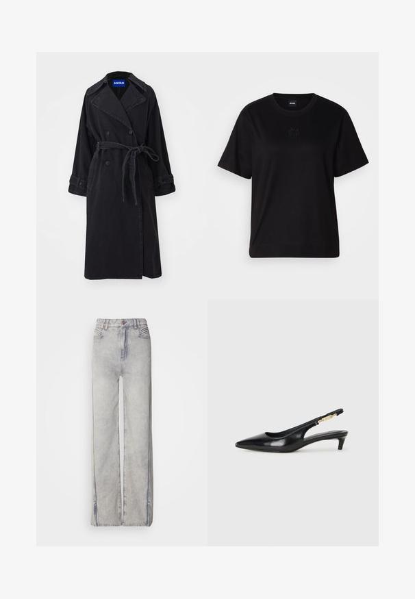 Melnā tranšejas mētelis ar divu rindu pogām, plašu apkakli un jostu. Izgatavots no teksturēta auduma, ar pogu aizdari un sarullētām piedurknēm.; Melna kokvilnas T-krekls ar apaļu izgriezumu, īsām piedurknēm un izšūtu logotipu uz krūtīm. Vienkāršs, brīvs piegriezums bez rakstiem.; Gaiši zili, plata kāju džinsi, izgatavoti no denima ar izbalējušu mazgāšanu, ar rāvējslēdzēja aizdari, piecām kabatām un kontrastējošu dūrienu.; Melnas ādas slingback zābaki ar smailu purngalu, ar šauru papēdi un zelta krāsas akcentu uz regulējama siksniņas. Gluda tekstūra.