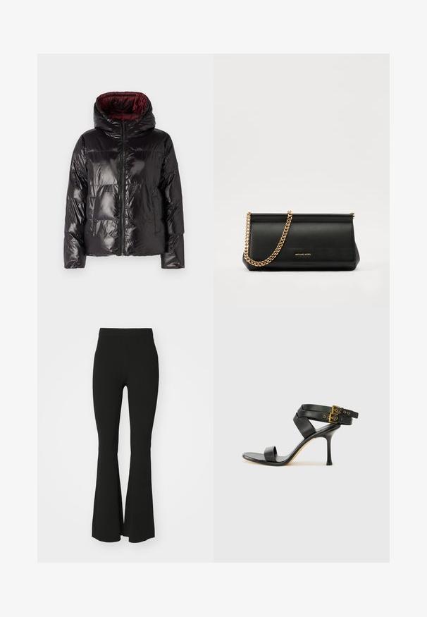 Juodas pūkinis švarkas su blizgiu paviršiumi, turintis kriauklę, užtrauktuką ir bordo vidinę pamušalą. Stačiakampio formos su siuvinėta raštu.; Kreminė mezginio trumpomis rankovėmis megztinis su juoda ir raudona geometrine žvaigždžių raštu ir zigzago akcentais ant rankovių ir apdailos.; Juodos plačios kelnės, pagamintos iš elastingos medžiagos, su aukštu liemeniu ir lygiu, nepagražintu paviršiumi. Paprastas ir prie kūno priglundantys dizainas.; Juodi kulniškų sandalai su kryžminėmis juostelėmis ir reguliuojamu sagtimi. Ypatybė – lygus paviršius ir siauras smailas kulnas.; Juodas odinis delninukas su auksine grandine, turintis lygų paviršių, stačiakampį išmatavimą ir įspaustą prekės ženklą priekyje.