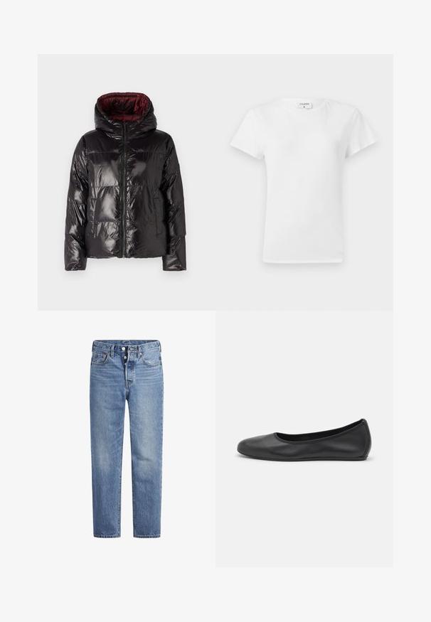 Black puffer jacket with a glossy finish, featuring a hood, zip closure, and burgundy inner lining. Boxy shape with quilted pattern.; White cotton t-shirt with a crew neckline and short sleeves, featuring a relaxed fit and minimalistic design. Tag visible at the neck.; Light blue denim jeans with a straight cut, five-pocket design, and a button fly. Features subtle fading and orange stitching accents.; Black leather ballet flat with a rounded toe, smooth texture, minimal stitching detail, and a flexible sole design.