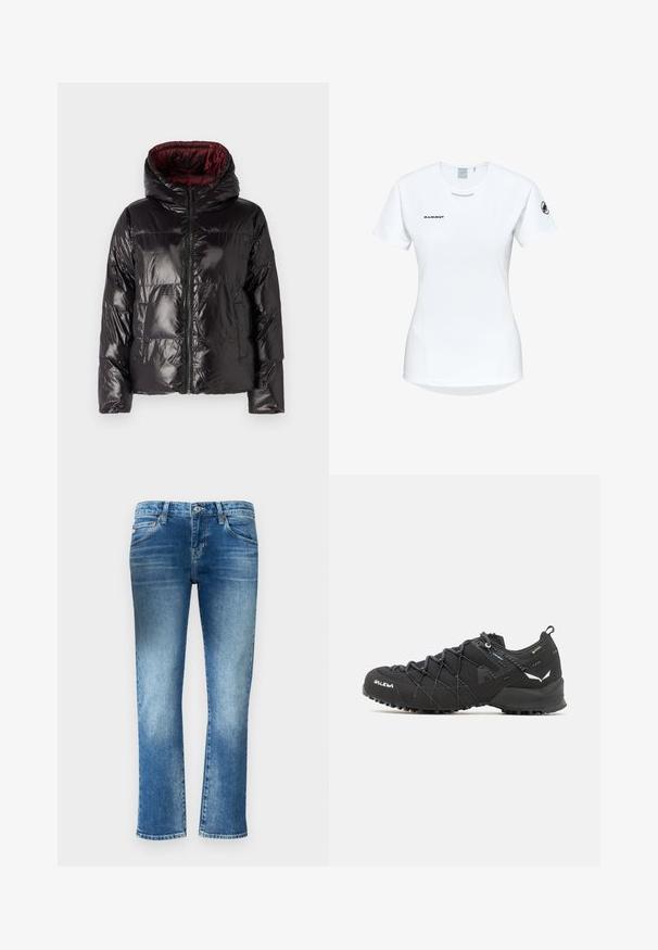 Czarna kurtka puchowa o błyszczącej powierzchni, z kapturem, zapięciem na zamek błyskawiczny i bordową podszewką. Prosty krój z pikowanym wzorem.; Koszulka sportowa z krótkim rękawem w kolorze białym, z okrągłym dekoltem, z logo na piersi i gładką, lekką teksturą materiału.; Jasnoniebieskie dżinsy z prostymi nogawkami, delikatnym wyblaknięciem i średnim stanem. Posiadają pięć kieszeni i szlufki na pasek.; Czarne buty trekkingowe z teksturowaną cholewką z tkaniny, systemem sznurowania i wytrzymałą gumową podeszwą. Udekorowane odblaskowymi detalami i logo.