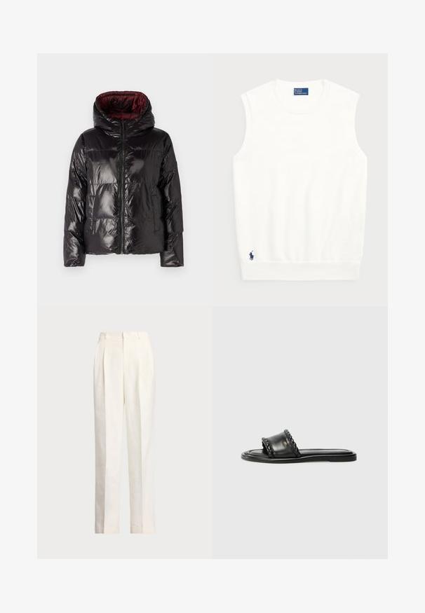 Black puffer jacket with a glossy finish, featuring a hood, zip closure, and burgundy inner lining. Boxy shape with quilted pattern.; White sleeveless sweater made of smooth cotton, featuring a ribbed hem and a small navy logo on the bottom left. Simple design, no patterns.; Polo Ralph Lauren HEMP WIDE LEG PANT - Trousers - nevis; Black leather sandal with a woven strap detail, flat sole, and a sleek design. Smooth texture and minimalistic profile.