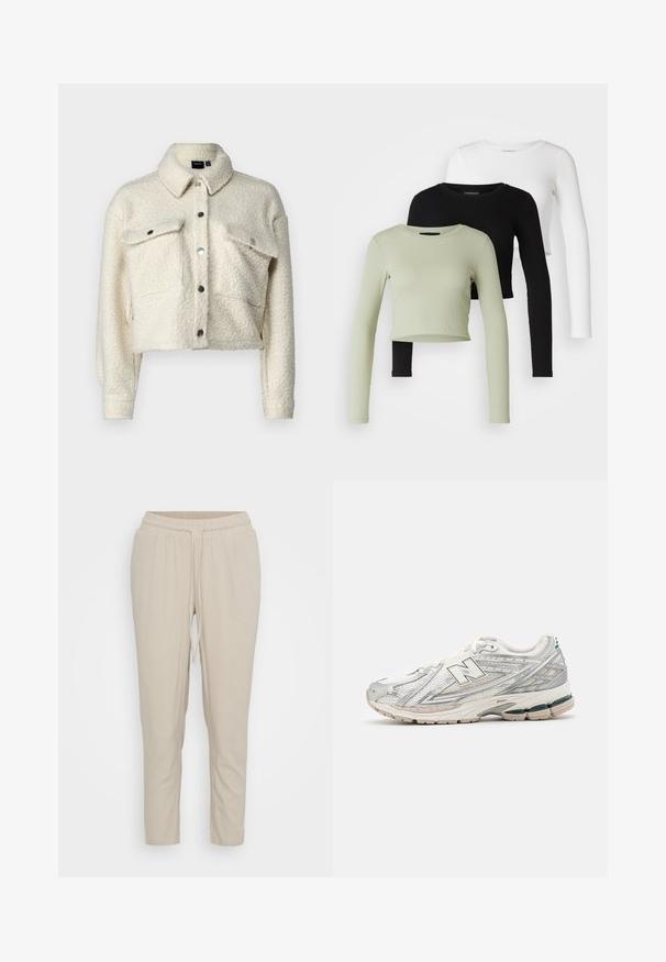 Cropped cream fleece jacket with a button front, collar, and two chest pockets. Features silver-tone button accents and a textured surface.; Even&Odd Petite 3 PACK - Long sleeved top - black/white/light green; Vero Moda Petite VMJESMILO ANKLE PANTS - Trousers - silver lining; Running shoe features a silver and white mesh upper with a green accent. The sole is chunky and textured, designed for cushioning and support.