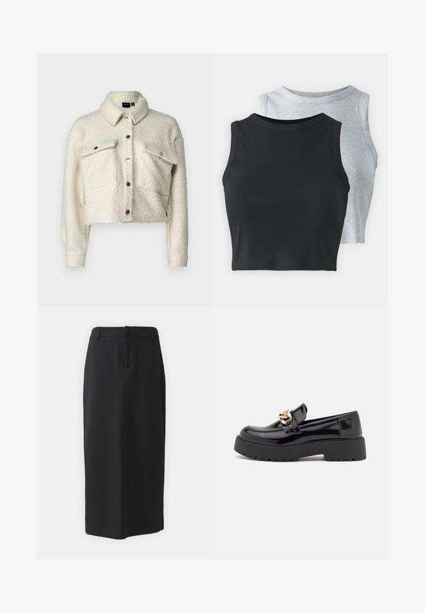 Casaco acolchoado creme, cropped, com frente de botões, colarinho e dois bolsos no peito. Apresenta detalhes em botões prateados e uma superfície texturizada.; Even&Odd Petite 2 PACK - Top - light grey/black; Saia lápis preta, até ao joelho, feita de tecido suave. Apresenta uma fenda nas costas e bolsos laterais, com um design simples e cor neutra.; Sapatos mocassins de couro envernizado preto com sola grossa preta e detalhes em hardware dourado. Textura lisa e design de bico arredondado.