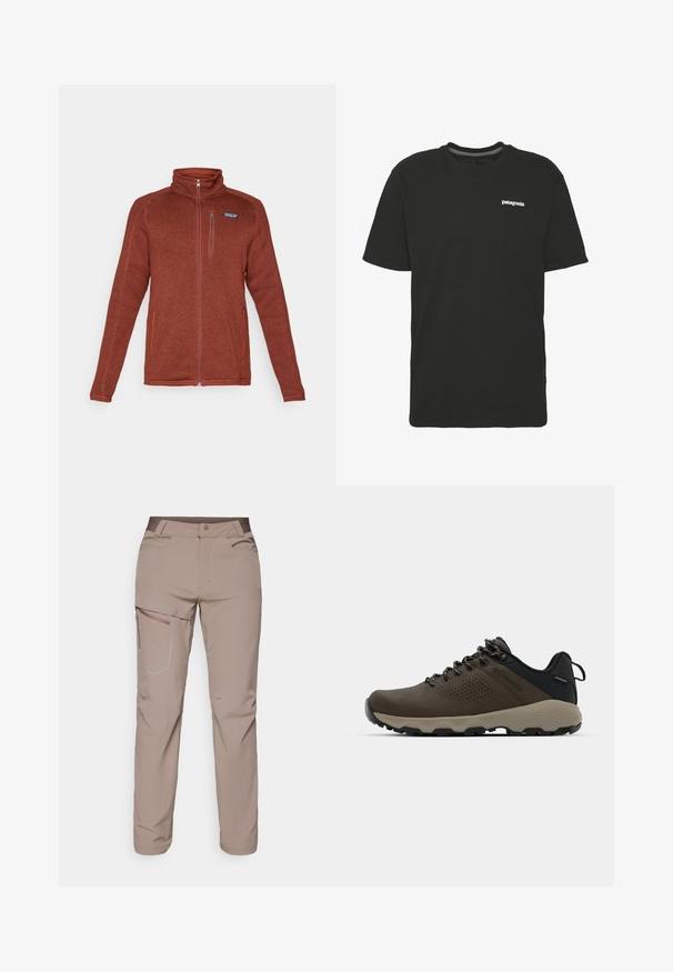 Rostfärgad fleecejacka med hel dragkedja, ståkrage, bröstficka med dragkedja och två sidofickor, Patagonia-logga på vänster bröst.; Svart bomulls t-shirt med korta ärmar, rund hals och en liten vit "Patagonia"-logga på bröstet. Enkelt, odekorerat design.; Salomon WAYFARER PANTS - Friluftsbyxor - iron; Bruna vattentåliga sneakers med en strukturerad ovandel, perforerade detaljer, svart hälstöd och en grå gummisula. Snörningen har metalliska ändar.