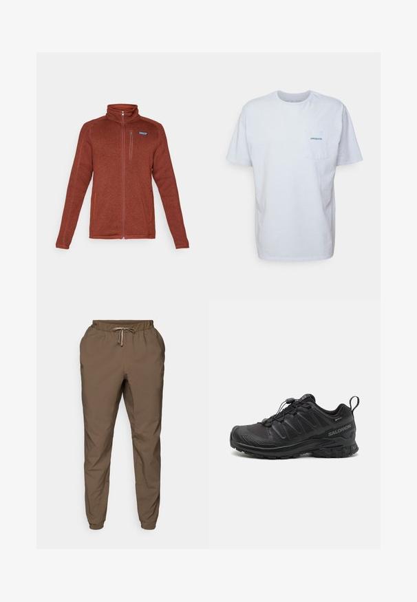 Roestkleurige volledige rits fleecejack met staande kraag, borstzak met rits en twee zijzakken, Patagonia-logo op de linkerborst.; Witte katoenen t-shirt met korte mouwen, ronde hals en een linkerkant borstzak met een blauw "Patagonia" logo. Klassieke pasvorm met een zachte textuur.; Bruine joggers met elastische tailleband en trekkoord, met taps toelopende pijpen en een subtiele glans, vervaardigd uit lichtgewicht, gladde stof.; Zwarte sportieve schoen met een gestructureerde synthetische bovenkant, een gevoerde zool en een snelvetersysteem. Heeft een verstevigde neus en hiel.