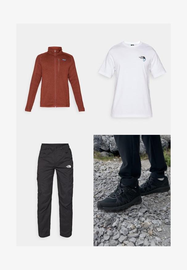 Chaqueta de forro polar de color óxido con cremallera completa, cuello alto, bolsillo en el pecho con cremallera y dos bolsillos laterales, logo de Patagonia en el lado izquierdo del pecho.; The North Face EXPLORE CARABINER RELAXED TEE UNISEX - Camiseta estampada - white; Pantalones cargo negros hechos de tejido ligero. Con bolsillos laterales con cremallera y un logo en el muslo izquierdo. Diseño de pierna recta.; Zapatos exteriores negros con malla y material sintético, que presentan un upper texturizado, un sistema de cordones seguro y una suela robusta, sobre terreno rocoso.