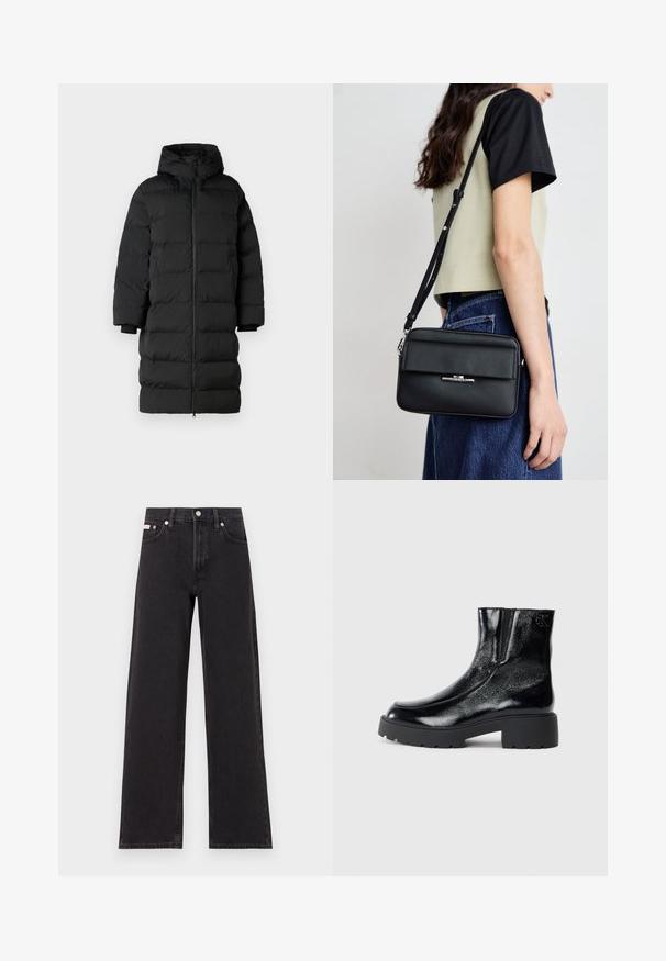 Schwarze Daunenjacke mit Kapuze, hat einen langen, geraden Schnitt, horizontale Steppnahtabschnitte und elastische Bündchen. Reißverschluss vorne.; Weißes Baumwoll-T-Shirt mit kurzen Ärmeln, Rundhalsausschnitt und lockerer Passform. Glatte Textur, keine Muster oder Akzente, minimalistisches Design.; Schwarze weit geschnittene Jeans aus Denim mit einem hoch sitzenden Bund, fünf Taschen und einem Metallknopfverschluss mit kontrastierendem Nähte.; Schwarze Knöchelstiefel mit glänzender Lackleder-Oberfläche, einer kräftigen gummierten schwarzen Sohle und Absatz; mit dezentem Logodetail an der Seite.; Calvin Klein LINEAR CAMERA BAG - Umhängetasche - black