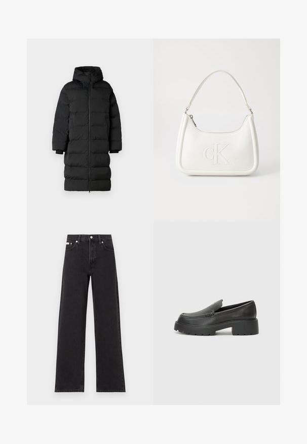 Giacca a vento nera con cappuccio, presenta un taglio lungo e dritto, sezioni trapuntate orizzontali e polsini elasticizzati. Chiusura con zip sul davanti.; T-shirt bianca in cotone con maniche corte, scollatura rotonda e vestibilità rilassata. Struttura liscia, senza motivi né accenti, design minimalista.; Jeans neri a gamba larga in denim, con vita alta, styling a cinque tasche e chiusura con bottone metallico e cuciture a contrasto.; Mocassini in pelle nera con punta arrotondata, suola spessa e testurizzata, e minime cuciture. Design elegante senza lacci o parti metalliche visibili.; Borsa a tracolla in pelle bianca con forma curva, dotata di un logo "CK" impresso sul davanti e una singola tracolla. Chiusura a zip nella parte superiore.