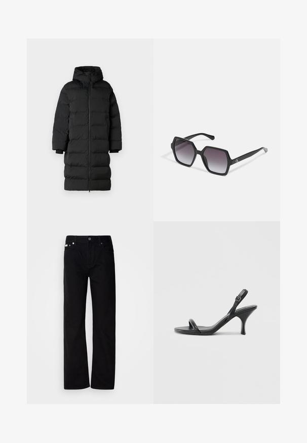Musta puffatakki, jossa on huppu, pitkä suora leikkaus, vaakasuuntaiset tikkausosat ja joustavat hihansuut. Vetoketjusulku edessä.; Musta puuvillapaita lyhyillä hihoilla, pyöreällä kaula-aukolla ja yksinkertaisella, siistillä muotoilulla. Ei näkyviä kuvioita tai koristeluja.; Mustat farkkusuorat housut, joissa on viisi taskua, hopeiset niitit ja nappisuljenta. Kangas on sileä, hieman teksturoitu pinta.; Mustat nahkaiset korkokengät, joissa on hoikka, kaareva korko ja ristiin menevä hihnadesign. Säädettävä nilkkahihna. Silkkinen pinta.; Mustat kuusikulmaiset aurinkolasit, joissa on gradient-linssit, kiiltävä pinta ja hienovarainen brändäys sankassa. Kestävä muovinen rakenne.