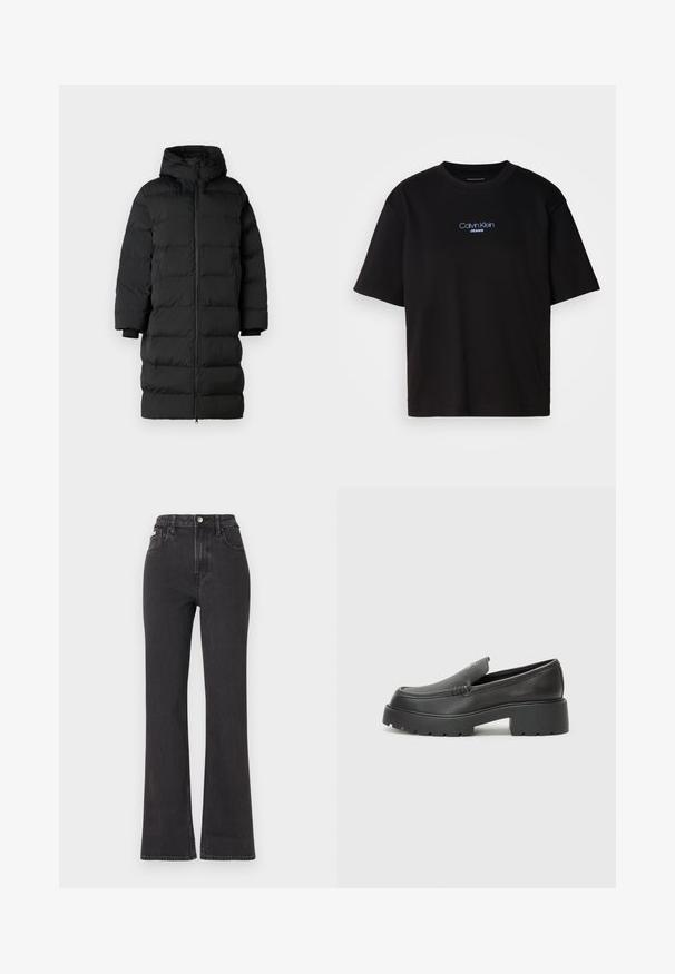 Cabană puffer neagră cu glugă, caracterizată printr-o croială lungă și dreaptă, secțiuni orizontale matlasate și manșoane elastice. Închidere cu fermoar în față.; Tricou din bumbac negru cu guler rotund, mâneci scurte și logo-ul brodat în albastru "Calvin Klein JEANS" pe față.; Jeans negre cu talie înaltă, evazate, din denim, cu închidere prin buton, bucle pentru curea și buzunare laterale. Textură netedă, cu decolorare minimă.; Mocasini din piele neagră, cu vârf rotunjit, talpă groasă texturată și detalii minimale de cusătură. Design elegant, fără șireturi sau accesorii vizibile.