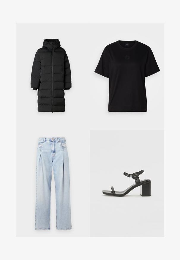 Svart jakke med hette, har en lang, rett passform, horisontalt quiltede seksjoner og elastiske mansjetter. Glidelås foran.; Svart bomull T-skjorte med rund hals, korte ermer og et brodert logo på brystet. Enkel, avslappet passform uten mønstre.; Lyseblå denimjeans med høy livlinje, vide ben, to sidelommer og plisserte detaljer. Myk tekstur med en falmet finish.; Sorte lærblokkhæl sandal med en bred rem over tærne og en justerbar ankelrem, med et stilrent, minimalistisk design.