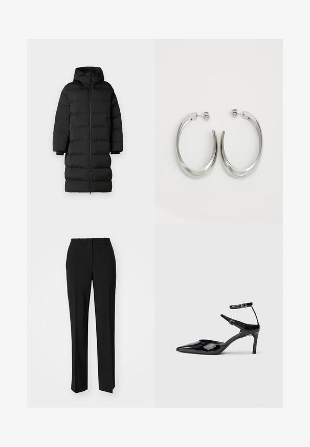 Musta puffatakki, jossa on huppu, pitkä suora leikkaus, vaakasuuntaiset tikkausosat ja joustavat hihansuut. Vetoketjusulku edessä.; Musta puuvillapaita, jossa on pyöreä kaula-aukko, lyhyet hihat ja brodeerattu logo rinnassa. Yksinkertainen, rento istuvuus ilman kuvioita.; Mustat räätälöidyt housut suoraa lahjetta, joissa on sileä pinta ja terävät taitteet edessä. Ei näkyvää metalliosaa.; Mustat lakatut korkokengät, joissa on terävä kärki, säädettävät nilkkahihnat ja hoikka korko. Suora pinta, joka näyttää kiiltävältä.; Hope hopeista, joissa on sileä, kaareva muotoilu. Varustettu kiiltävällä metallipinnoitteella ja nappikiinnityksellä. Ei näkyviä kuvioita tai koristeluja.