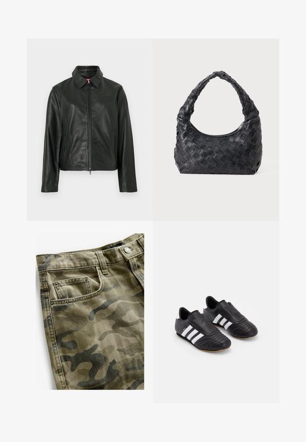 Melns ādas žakete ar klasisku apkakli, rāvējslēdzēju priekšpusē un divām sānu kabatām. Uz krūtīm ir smalki uzspiedots logotips. Gluda tekstūra.; Garais piedurkņu balts T-krekls, izgatavots no mīksta auduma, ar apaļu kakla izgriezumu un pieguļošu siluetu. Minimalistisks dizains bez rakstiem vai akcentiem.; Next Džinsa auduma šorti - camo print; Melnas futbola kurpes ar teksturētu ādas virsu, ar mīkstinātu priekšpusi, trīs baltām svītrām sānos un gumijas zoli.; Melna ādas austā plecu soma ar noapaļotu rokturi un pusmēness formas ķermeni uz vienota fona.