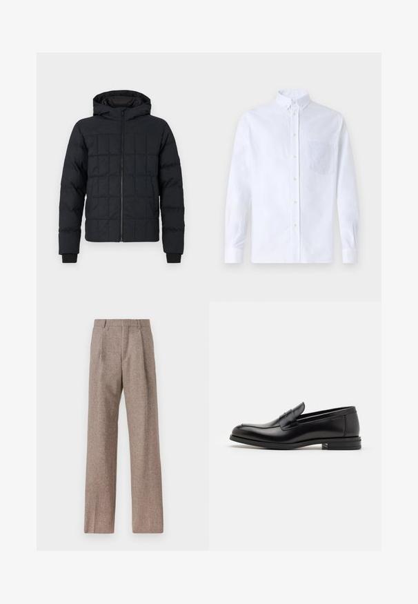 Kvalitetna crna jakna s kapuljačom, prošivena, s prednjim zatvaračem i rebrastim manžetama. Glatka površina s kvadratnim uzorkom na vanjskoj strani.; Bijela košulja s dugim rukavima na dugme, izrađena od pamuka, s džepom na prsima s ton-sur-ton vezom, ovratnikom i dugmadi na manžetama.; Smeđe, hlače viskog struka od teksturiranog materijala. Imaju široke nogavice i dva prednja pregiba za strukturu. Uređen završetak bez vidljivih metalnih dijelova.; Crni kožni mokasini s glatkom teksturom, zaobljenim prstima i ukrasnom trakom preko prednjeg dijela. Niski slojeviti potplat, minimalistički dizajn.