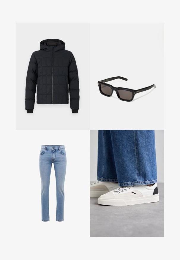 Steppelt fekete pufikabát kapucnival, elülső cipzárral és bordás mandzsettákkal. Simára kidolgozott felület négyzetmintával a külső oldalán.; Fehér, rövid ujjú felső pamut anyagból, kerek nyakkivágással. Egyszerű dizájn, minta vagy díszítés nélkül. Sima textúra.; Világoskék farmernadrág, karcsú szabású, öt zsebes, egyenes lábbal. Cipzáros záródás és övhurkok jellemzik. Puha tapintású.; Fehér és fekete sportcipők sima bőrből készült felsőrésszel, texturált díszítésekkel és vastag fehér talppal. Klasszikus fűzős kivitel jellemzi.; Fekete téglalap alakú napszemüveg sötét lencsékkel, vastag műanyag keret, arany díszítések a szárakon, és a márka logója gravírozva a szára.