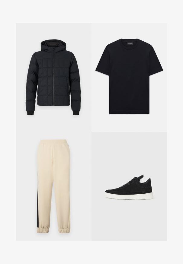 Quilted sort pufferjakke med hætte, frontlynlås og ribbede manchetter. Glat tekstur med firkantet mønster på ydersiden.; Sort kortærmet T-shirt med rund hals og subtilt prægede logo-design centreret på brystet samt et mærketag indeni kraven.; Cremefarvede sweatpants med sorte sidebaner, elastisk talje og ribbede manchetter. Blødt stof med en afslappet pasform.; Sort ruskinds sneaker med en hvid gummisål, der har tonalt syet detalje og snørredesign. Glat tekstur med en moderne, strømlinet form.
