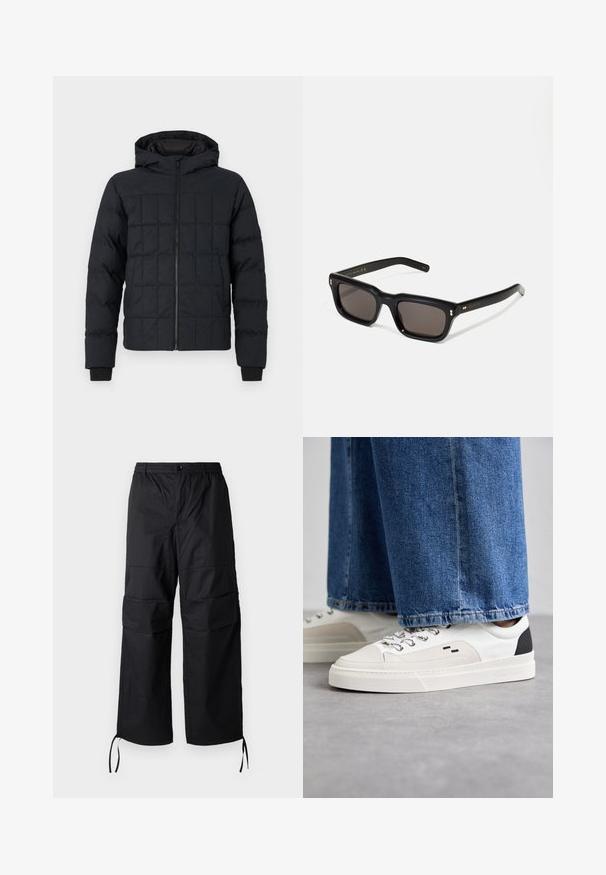 Quilted sort pufferjakke med hætte, frontlynlås og ribbede manchetter. Glat tekstur med firkantet mønster på ydersiden.; Sort bomulds T-shirt med rund halsudskæring, korte ærmer og "EMPORIO ARMANI" logo i hvid over "Milano" i et buet design.; Sorte cargo-bukser lavet af letvægtsstof, med brede ben, elastisk talje og justerbare snore ved manchetterne. To sidelommer.; Hvide og sorte sneakers med en glat læderoverdel, teksturerede detaljer og en kraftig hvid sål. Har et klassisk snørebåndsdesign.; Sorte rektangulære solbriller med mørke glas, tyk plastisk ramme, guldtryk på stængerne og brandlogo indgraveret på armen.