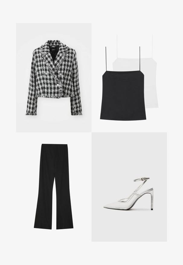 Jachetă cu carouri alb-negru, tăiată, dintr-un material texturat, având un design cu două rânduri de nasturi și margini destrămate. Nasturi argintii incluși.; Două tops-uri de cămașă sunt prezentate: unul negru și unul alb. Ambele au bretele subțiri și un design ajustat realizat dintr-un material neted și elastic.; Pantaloni negri evazați dintr-o țesătură texturată, având un talie elastică și o croială lejeră, concepuți pentru confort și libertate de mișcare.; Pantofii cu toc stiletto clar, cu vârful ascuțit, material transparent, accente metalice argintii și curea ajustabilă pentru glezne.