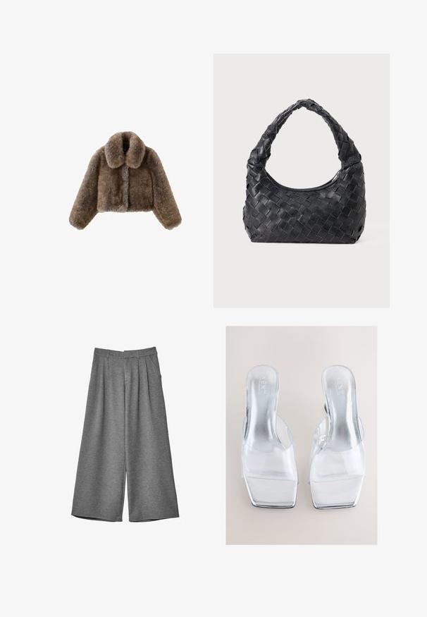 Brązowa kurtka z sztucznego futra, krótka, z szerokim kołnierzem, pełnymi rękawami, teksturowaną powierzchnią i zapięciem z przodu. Miękkie i puszyste detale designu.; Długi czarny top z miękkiego materiału, z szerokim dekoltem i nieco luźnym krojem, bez widocznych wzorów ani elementów metalowych.; Szare szerokie spodnie 3/4 z pętelkami na pasek, bocznymi kieszeniami i plisami z przodu, wykonane z miękkiego materiału.; Przezroczyste klapki na wysokim obcasie z przezroczystą cholewką z PVC i kwadratowym noskiem. Styl uzupełniają srebrne, refleksyjne wkładki i szerokie obcasy.; Czarna skórzana torebka na ramię pleciona, z okrągłym uchwytem i kształtem półksiężyca na jednolitym tle.