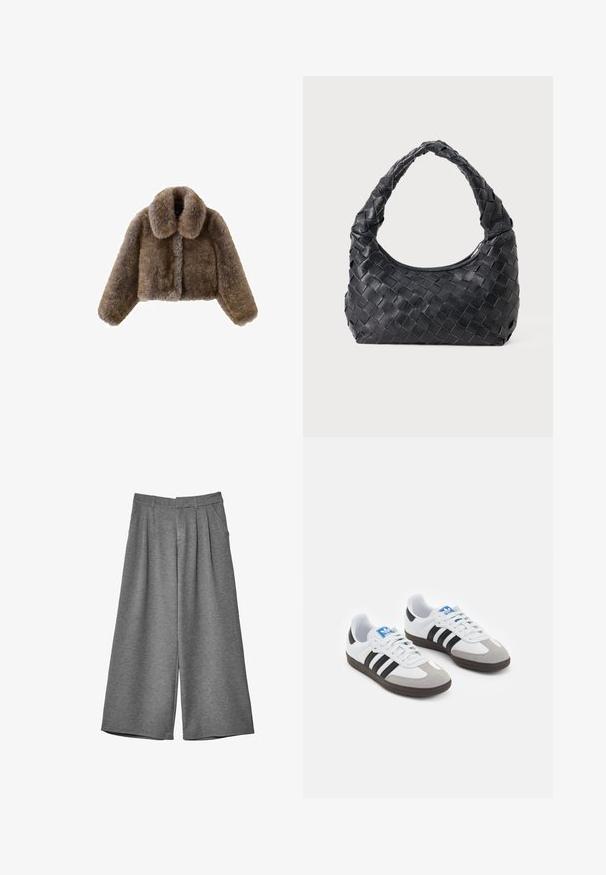 Brązowa kurtka z sztucznego futra, krótka, z szerokim kołnierzem, pełnymi rękawami, teksturowaną powierzchnią i zapięciem z przodu. Miękkie i puszyste detale designu.; Długi czarny top z miękkiego materiału, z szerokim dekoltem i nieco luźnym krojem, bez widocznych wzorów ani elementów metalowych.; Szare szerokie spodnie 3/4 z pętelkami na pasek, bocznymi kieszeniami i plisami z przodu, wykonane z miękkiego materiału.; Buty sportowe z białą skórzaną cholewką, szarym zamszowym noskiem i trzema czarnymi paskami. Posiadają niebieskie logo na języku oraz teksturowaną gumową podeszwę.; Czarna skórzana torebka na ramię pleciona, z okrągłym uchwytem i kształtem półksiężyca na jednolitym tle.