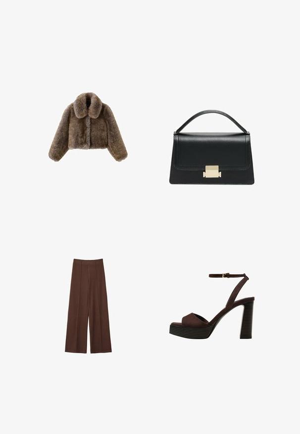 Hnědá umělá kožešinová zkrácená bunda s širokým límcem, plnými rukávy, texturovaným povrchem a předním zapínáním. Měkké a nadýchané designové detaily.; Hnědé tričko s krátkým rukávem vyrobené z měkké látky, s kulatým výstřihem a volným střihem. Bez viditelných vzorů nebo dekorací.; Hnědé široké kalhoty z jemné tkaniny, s vysokým pasem, vertikálním švem a hladkou texturou.; Hnědé semišové sandály na vysokém podpatku s otevřenou špičkou, nastavitelným páskem kolem kotníku a proužkovou platformou.; Černá kožená kabelka se strukturovaným designem, horním uchopením a zlatým kovovým zapínáním na přední straně. Hladký povrch, minimální švy.
