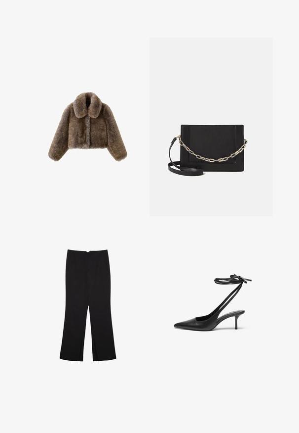 Brązowa kurtka z sztucznego futra, krótka, z szerokim kołnierzem, pełnymi rękawami, teksturowaną powierzchnią i zapięciem z przodu. Miękkie i puszyste detale designu.; Czarny top na ramionczkach wykonany z bawełny, z okrągłym dekoltem i szerokimi wycięciami na ramionach. Gładka tekstura z przeszytymi brzegami. Klasyczny, minimalistyczny design.; Czarne spodnie o prostym kroju, z przednimi kieszeniami i bocznymi rozcięciami na dole. Wykonane z miękkiego, gładkiego materiału. Odpowiednie na różne okazje.; Czarny skórzany but na wysokim obcasie w kształcie szpilki, z ostro zakończonym noskiem, otwartą tylnią częścią i zapięciem na kostkę związanym w kokardę. Smukły obcas o wysokości 3 cali. Gładka faktura, minimalistyczny design.; Czarna skórzana torebka typu crossbody z gładką teksturą, prostokątnym kształtem oraz metalowym detalem w postaci łańcuszka z przodu. W zestawie regulowany pasek.