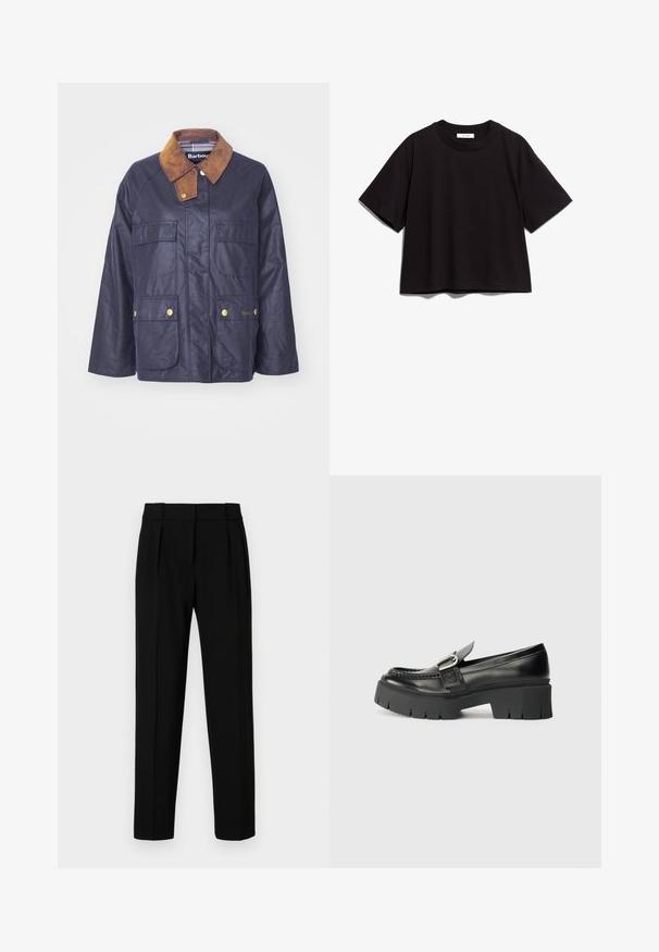 Tumesinise vahaustatud puuvillane jakk pruuni kanepi kraega, kahe esipoolse klapiga tasku ja kuldsete snap-nuppudega. Kohandatud Barbouri logo detailiga.; Must musta lühikese varrukaga t-särk ümmarguse kaeluse ja lõdva istuvusega. Omab lihtsat, kaunistamata disaini.; Mustad sobranikud, sirge lõikega, volditud esiosa, läikiv kangas ja keskmise suurusega vöökoht. Ei ole nähtavaid taskuid ega metalldetailide. ; Mustad mustad nahast loafers pakuvad tugevat kummitalda. Omavad klambri aktsenti ja õmblustega detaili üleval. Lame kand.