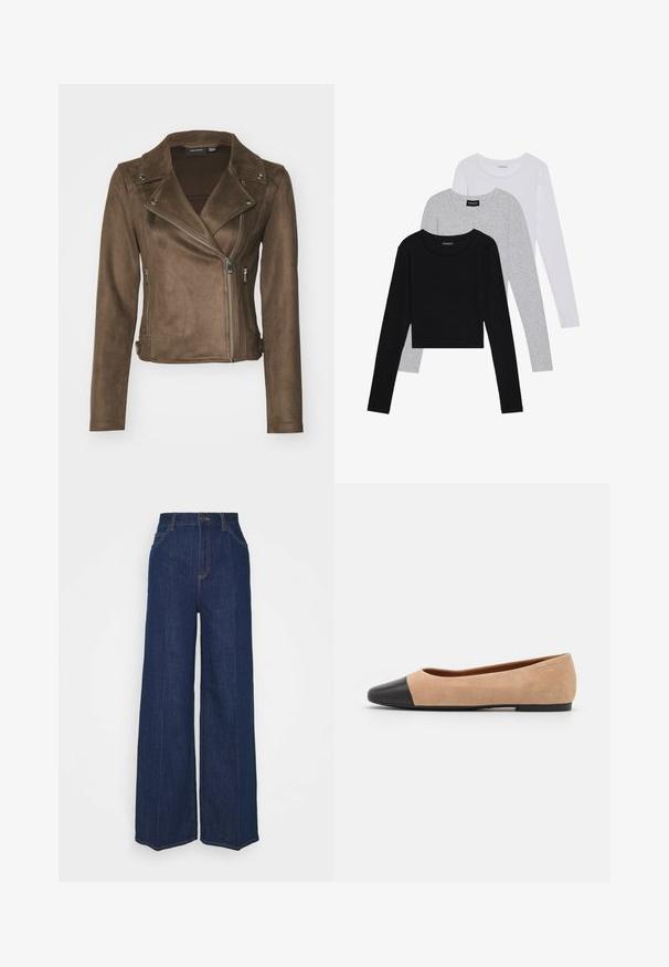 Ruda dirbtinė zomšos motociklininko striukė su išpjovomis ant apykaklės, asimetrišku užtrauktuku, šoninėmis kišenėmis ir ilgomis rankovėmis. Lygus tekstūra ir prigludęs dizainas.; Trijų ilgomis rankovėmis marškinėlių krūva: juodas, pilkas ir baltas. Kiekvienas turi apvalų iškirpimą ir trumpą dizainą, pagamintas iš lygaus, lengvo audinio.; Aukštai juosmens, plačių kojų tamsiai mėlyni džinsai su priekinių ir galinių kišenių, mygtuko uždarymu ir matomais siuvimo detalėmis.; Šviesiai rudas zomšiniai baleto bateliai su juodu odiniu suapvalintu pirštu, maža pakulne ir lygia tekstūra, su minimaliai siūlėmis ir tvarkingu dizainu.