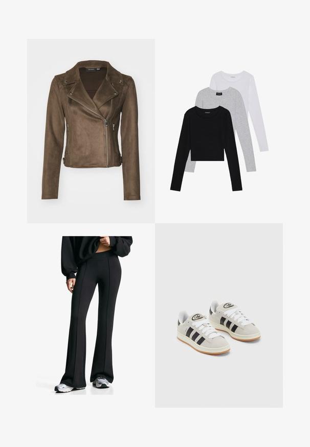 Brun faux suede motorcykeljakke med et udskåret krave, asymmetrisk lynlås, sidelommer og lange ærmer. Glat tekstur og tætsiddende design.; Tre langærmede toppe stablet: sort, grå og hvid. Hver har en rund halsudskæring og et cropped design med glat, let stof.; Sorte flagrende bukser med høj talje og sidefuger. Fremstillet af strækbart stof, de har en glat tekstur. Sammen med atletiske sko.; Grå ruskinds sneakers med hvide snørebånd, sorte striber og en hvid gummisål. Har et rundt logo på tungen og en gummisål.