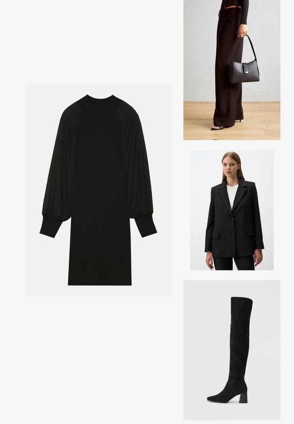 Schwarzer Nadelstreifen-Blazer mit Reverskragen, zwei vorderen Taschen, Ein-Knopf-Verschluss und einer leicht lockeren Passform.; Schwarzes Kleid aus geripptem Stoff mit Puffärmeln und hohem Halsausschnitt. Die Silhouette ist gerade und reicht bis zum Knie.; Schwarze Wildleder-Stiefel bis zum Knie mit Blockabsatz, spitzer Zehe und glattem, nahtlosem Design auf einem schlichten, hellen Hintergrund.; Schwarze Handtasche mit strukturierter Form, glatter Textur und einem metallischen Verschluss. Kombiniert mit weiten schwarzen Hosen und offenen Sandalen auf einem Holzboden.