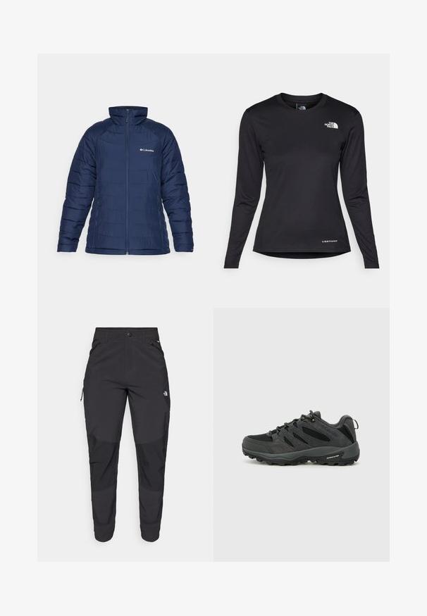 Casaco de puffer navy feito de tecido acolchoado, apresentando um colarinho alto e um fecho de correr frontal completo. Inclui bolsos laterais e um discreto logótipo da marca.; The North Face SHADOW LONG SLEEVE - Camisola de manga comprida - black; Calças pretas para exterior feitas de um tecido resistente. Apresentam bolsos com fecho, painéis de joelhos reforçados e um design de corte reto para maior mobilidade.; Columbia REDMOND - Sapatos de caminhada - black/citron haze