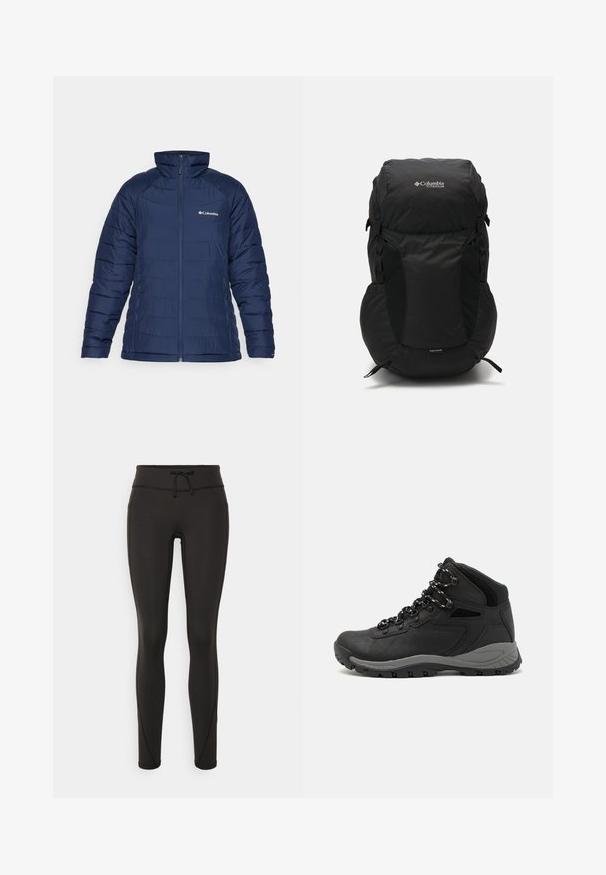 Jūrinės spalvos pūkinė striukė, pagaminta iš siuvinėto audinio, su aukštu apykakle ir pilnu priekiniu užtrauktuku. Su šoninėmis kišenėmis ir subtiliu prekių ženklo logotipu.; Juodas "Columbia" marškinėliai su balta apskrita kalnų ir upės linijų grafika bei tekstu "Columbia Sportswear Company Lauke nuo 1938 metų."; Juodi leggingai su aukšta juosmeniu, raišteliu, lygiu paviršiumi ir prigludusia forma. Yra siuvimo detalės šonuose.; Juodas žygio botas su vidutinio aukščio dizainu, pasižymintis tekstūruota viršutine dalimi, pilkų akcentų ir patvaria guma padanga su sukibimo gumbais.; Juodas kuprinė su apvaliu viršumi, pagaminta iš patvarios medžiagos. Yra šoniniai tinkliniai kišeniai ir lietaus apsaugos etiketas apačioje.
