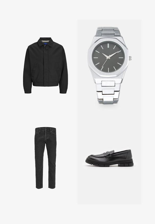 Must musteljak, millel on klassikaline krae, kaks esist pockets ja elastne äär. Sile tekstuur ja nööbiga kinnistus.; Heleda beež kaheksaknurga mustriga kudum. Omab kõrget kaelust ning ribakootud varruka- ja alläärtega. Pehme, keskmise raskusega kangas.; Mustad denim jeans otse lõikega disainiga, viie tasku ja vöödega, millel on veidi kulunud tekstuur ja kontrastne õmblus.; Mustad musta naha sussid sujuva viimistlusega, esiosal rihmaga detail ning paksu kummitaldaga, mis on kaunistatud soontega.; Hõbedane analoogkell, millel on oktagonaalne korpus, hall kelladial, hõbedased näidikud ja roostevabast terasest link-rihm. Minimalistlik disain sujuva tekstuuriga.