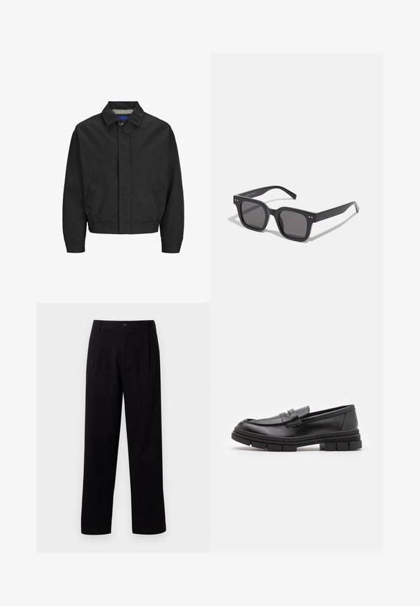 Schwarze, kurz geschnittene Jacke mit klassischem Kragen, zwei Fronttaschen und elastischem Saum. Glatte Textur mit Knopfverschluss.; Beiger Pullover aus weichem, strukturiertem Strick. Verfügt über einen runden Ausschnitt, gerippte Bündchen und einen verkürzten Saum mit überschnittenen Schultern.; Schwarz-weiße Rundhalsausschnitt-T-Shirts, kurzärmlig, aus Baumwollstoff, mit glatter Textur, mit Branding am Ausschnitt.; Schwarze Stoffhose mit geradem Schnitt, Bundfalten und einem einzigen Knopfverschluss. Glatte Textur und keine sichtbaren Muster.; Schwarze Lederloafer mit glatter Oberfläche, ausgestattet mit einem vorderen Riemendetail und einer klobigen Gummisohle mit gerippten Akzenten.; Schwarze rechteckige Sonnenbrillen mit dunklen Gläsern, die einen dicken Rahmen, subtile Akzente an den Seiten und keine sichtbaren Logos außer dem Markennamen aufweisen.; Beige Canvas-Shopper mit großen Griffen, mit Blockbuchstaben auf der Seite bedruckt. Die Tasche hat eine weiche Textur und ein geräumiges Design.