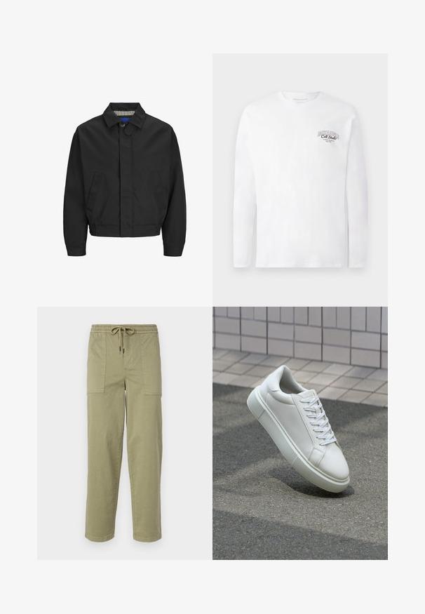 Svart kort jacka med klassisk krage, två framfickor och elastisk nederkant. Slät textur med knappstängning.; Vit långärmad t-shirt med rund hals och liten svart text "JACK & JONES Coll. Studio" på övre vänstra bröstet.; Ljus olivgröna byxor i en bomullsblandning, med elastisk midja och dragsko, samt två stora sidofickor.; Vit lädersneaker med en slät yta, rund tå och platta vita snören. Har en texturerad gummisula och minimalistiska designelement.