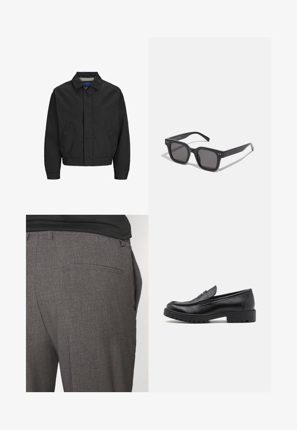 Musta lyhythihainen takki, jossa on klassinen kaulus, kaksi etutaskua ja elastinen helma. Sileä pinta, jossa on nappikiinnitys.; Mustat ja valkoiset crew-neck t-paidat, lyhyet hihat, valmistettu puuvillakankaasta, sileä pinta, jossa brändäys kaula-aukossa.; Harmaat räätälöidyt housut, joissa on sileä pinta, yhden takataskun ja slim fit -muotoilu. Kankaassa on hienovarainen kuvio.; Mustat nahkakengät, joissa on pyöreä varvas, kenkien helposti liukuvat mallit ja paksu kumipohja, jossa on teksturoitu pito. Korotettu kanta ja hillityt ompeluyksityiskohdat.; Mustat suorakulmaiset aurinkolasit tummilla linsseillä, joissa on paksu kehys, hienovaraiset yksityiskohdat sivuilla, eikä näkyviä logoja brändin nimen lisäksi.; Kankaan kantokassi vaaleassa beigevärissä, jossa on kaksi tukevata kahvaa, kontrastivalkoinen reunus ja logo "THE NORTH FACE" mustalla etupuolella.