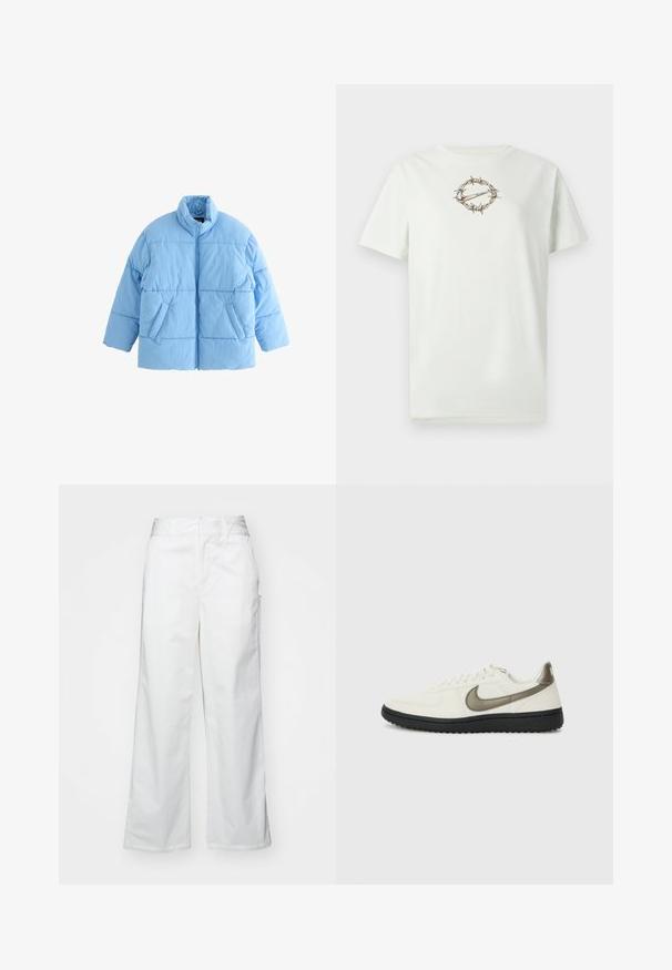 Hellblaue Daunenjacke mit hohem Kragen, sichtbarem Reißverschluss und zwei Fronttaschen. Der Stoff hat eine glatte, gesteppte Textur.; Hellgrünes Baumwoll-T-Shirt mit einem zentralen Motiv aus Stacheldraht, das ein Logo umgibt. Rundhalsausschnitt und kurze Ärmel. Weiche Textur.; Weiße, weit geschnittene Hosen aus Baumwolle mit glatter Textur, geradem Schnitt, seitlichen Taschen und einem sauberen Saum.; Nike Sportswear FIELD GENERAL - Sneaker low - off-white/black