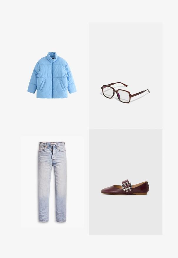 Light blue puffer jacket featuring a high collar, exposed zipper, and two front pockets. The fabric has a smooth, quilted texture.; Black long-sleeve t-shirt in cotton with a round neckline, relaxed fit, and side slits at the hem for ease of movement.; Light blue denim jeans with a straight leg design, featuring a button fly, five pockets, and subtle fading along the legs.; Burgundy leather ballet flat with pointed toe, wide strap featuring a silver buckle and multiple holes, flat sole, smooth texture.; Brown, rectangular eyeglasses with transparent lenses and purple tints. Smooth plastic frame with straight temples and subtle accents.