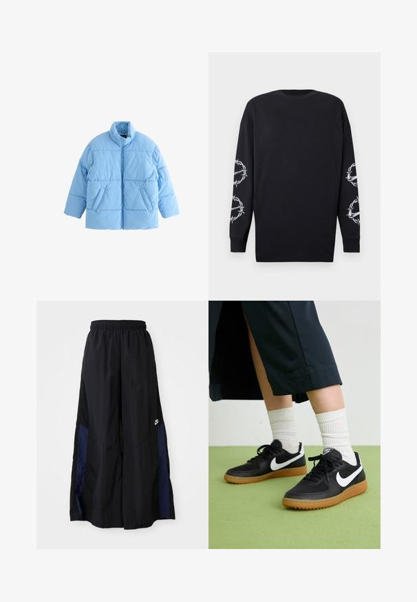 Lichtblauwe pufferjack met een hoge kraag, zichtbare rits en twee voordezakken. De stof heeft een gladde, doorgestikte textuur.; Zwarte longsleeve shirt met ronde hals, met witte grafische afbeeldingen van prikkeldraad en doorns op beide mouwen.; Zwarte wijdlopende broek van lichtgewicht stof, met een marineblauwe zijpaneel en een elastische tailleband. Klein wit logo onderaan.; Zwarte leren en synthetische sneakers met witte Nike swoosh, rubberen gumzool, ronde neus en zwarte veters. Geribbelde witte sokken zichtbaar.